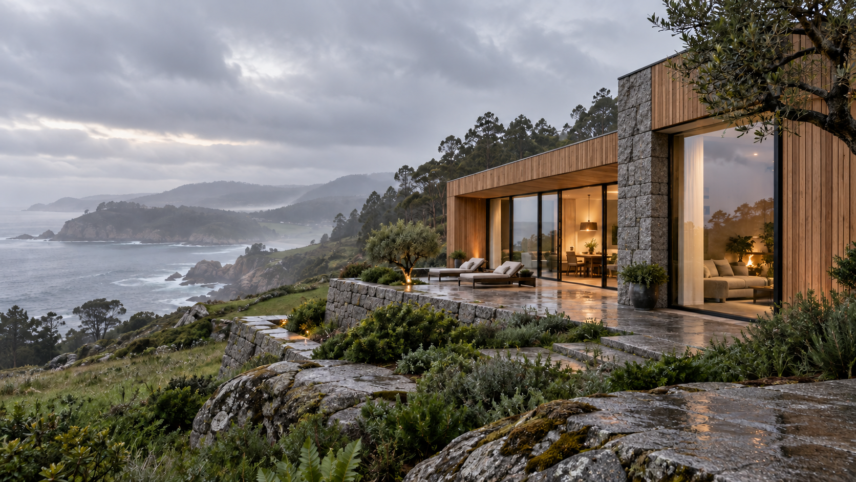 Casa sostenible contemporánea con madera natural y granito integrada en el paisaje de Galicia